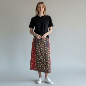 Four Corners Vintage Patchwork Floral Polka Dot Button Midi Skirt Black Red M